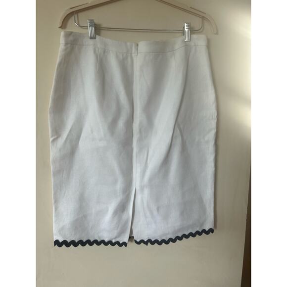 J Crew Pencil Midi Skirt 100% Linen Size 12 White w/ Navy Rickrack Trim Worn 1X - Picture 3 of 10